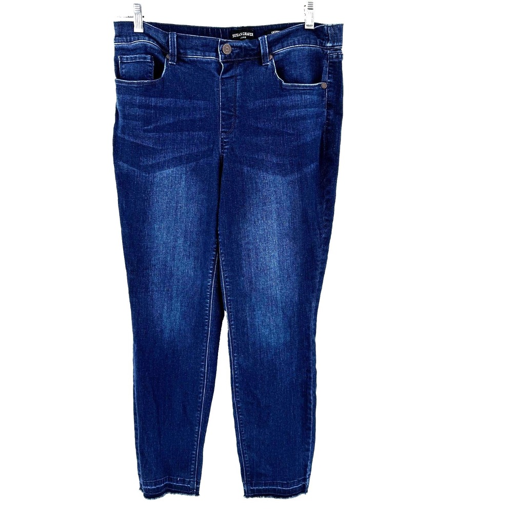 Susan Graver High Waisted Skinny Ankle Jeans Women's 14 Frayed Hems Dark Stretch